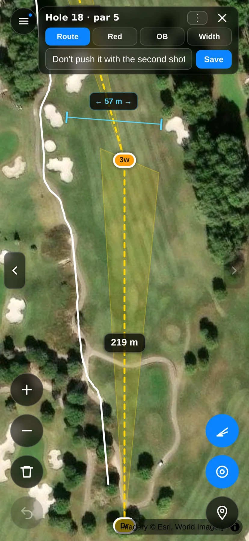 A dispersion cone in the app, drawn from the player's own numbers and skewed toward their actual miss, spreading from the tee along the drive.