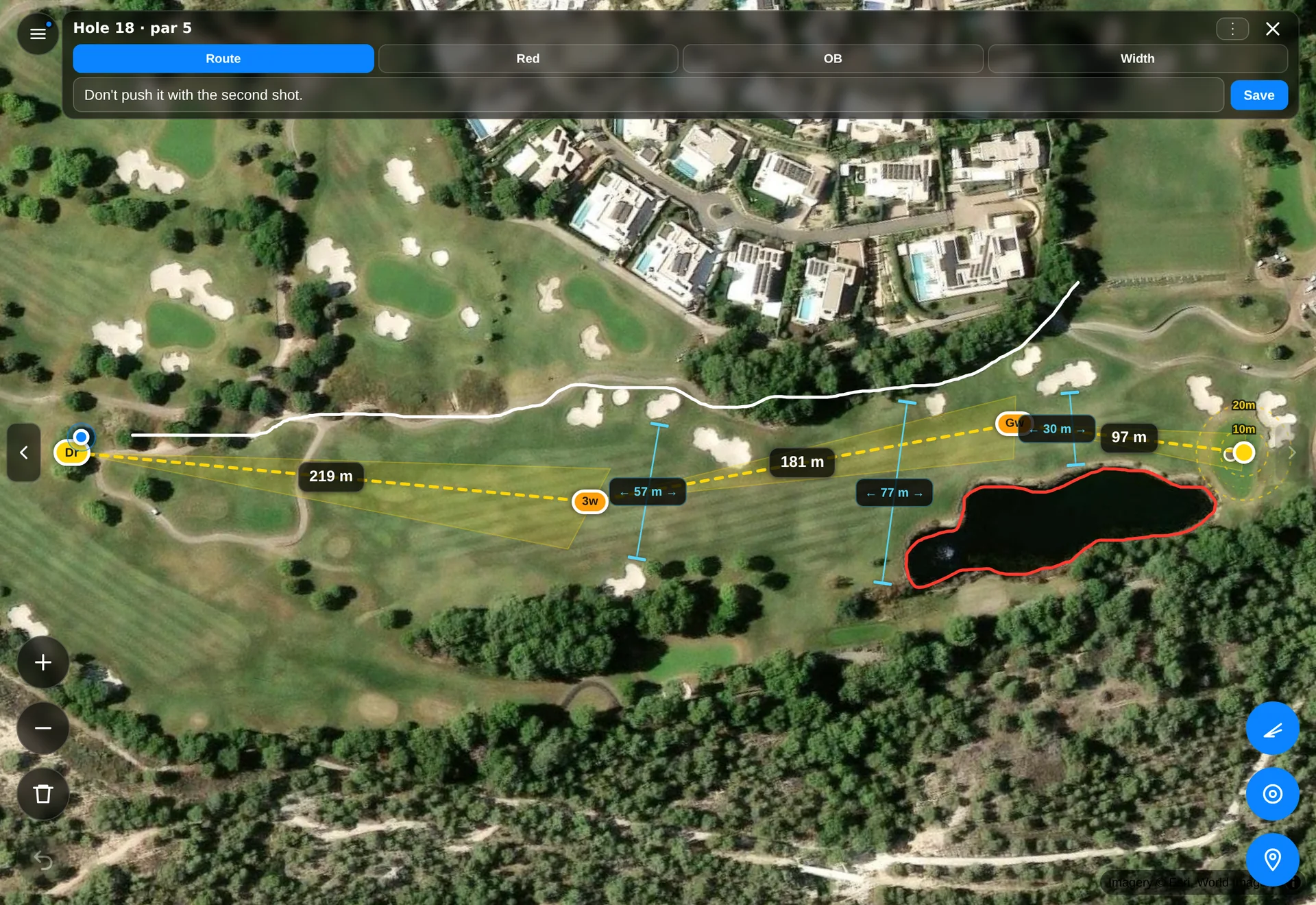The app in Plan mode on a real par five: the route bends down the fairway with a club label on every shot, a dispersion cone off the tee, hazard lines along the corridor, and the blue GPS dot at the start of the line.