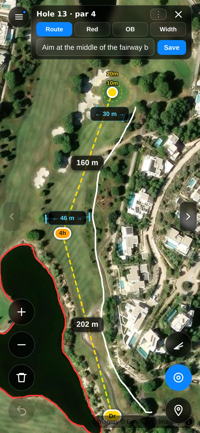 A planned par four in the app: the route runs tee to green with a club label on every shot, out-of-bounds and hazard lines along the corridor, and the hole note in the plan bar.