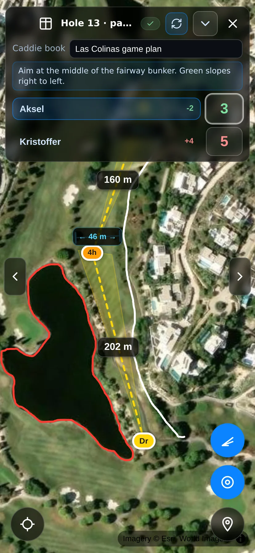 Scoring over a plan in the app: the hole's route on the map behind the score panel, two players mid-round — a birdie circled for one, a bogey for the other — with running totals next to their names.